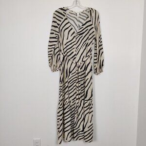 H&M Women's Maxi Dress Sz XS Cream Black Zebra Print Tiered Viscose Button Down